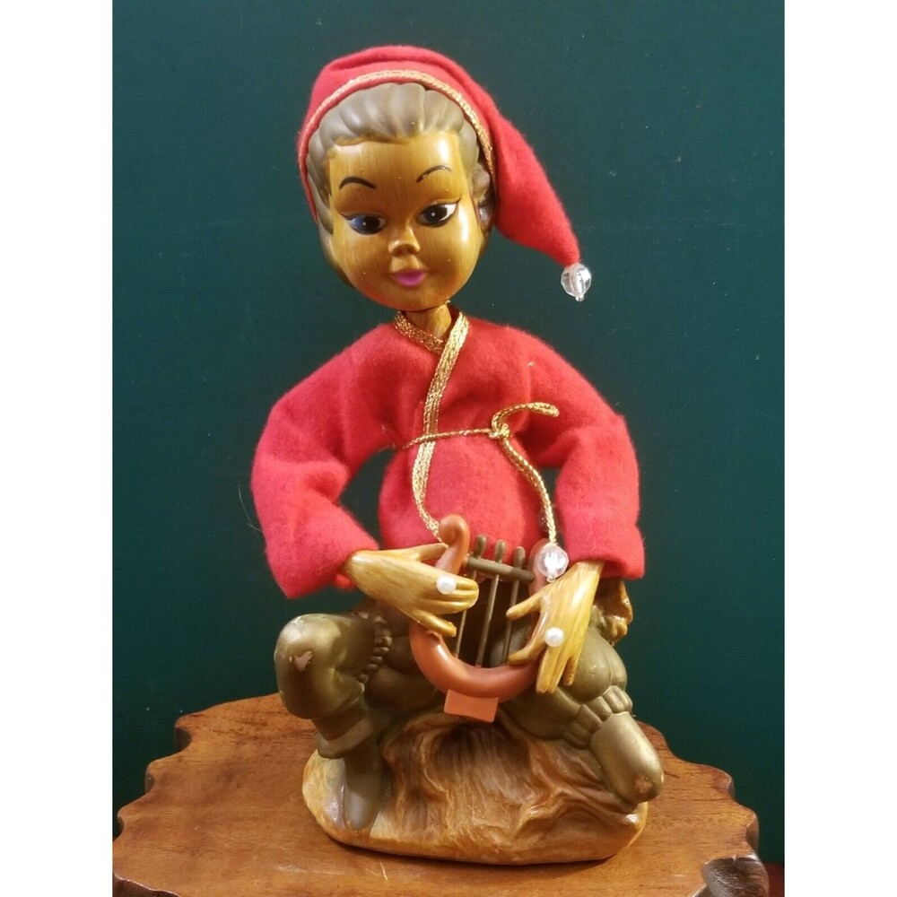 Vintage Tilso Golden Fantasy Pixie Christmas Elf Playing Harp 7.6"x4"x3"